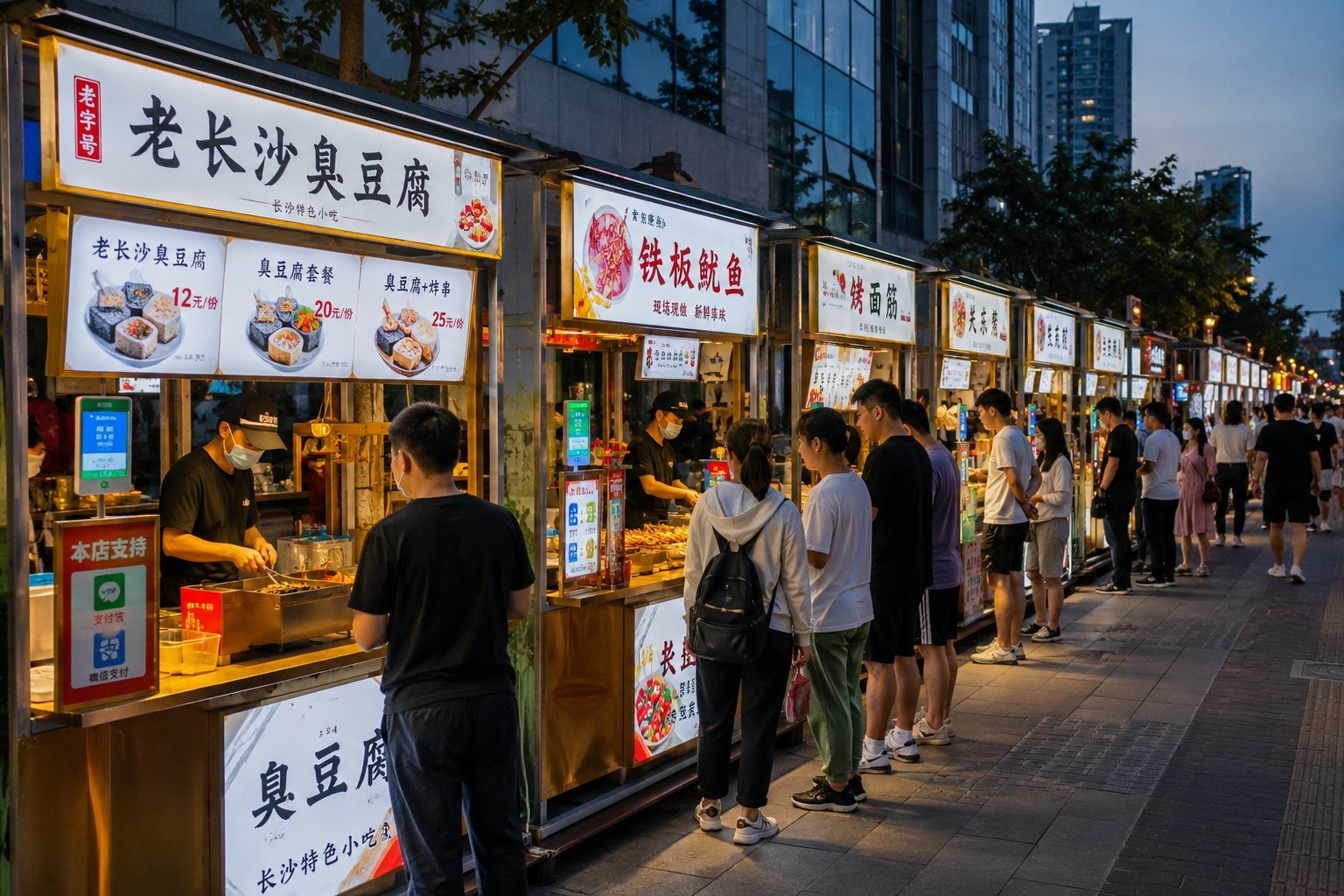Organized street food stalls in a regulated night market zone in a Chinese city, showing clean infrastructure and digital payments.