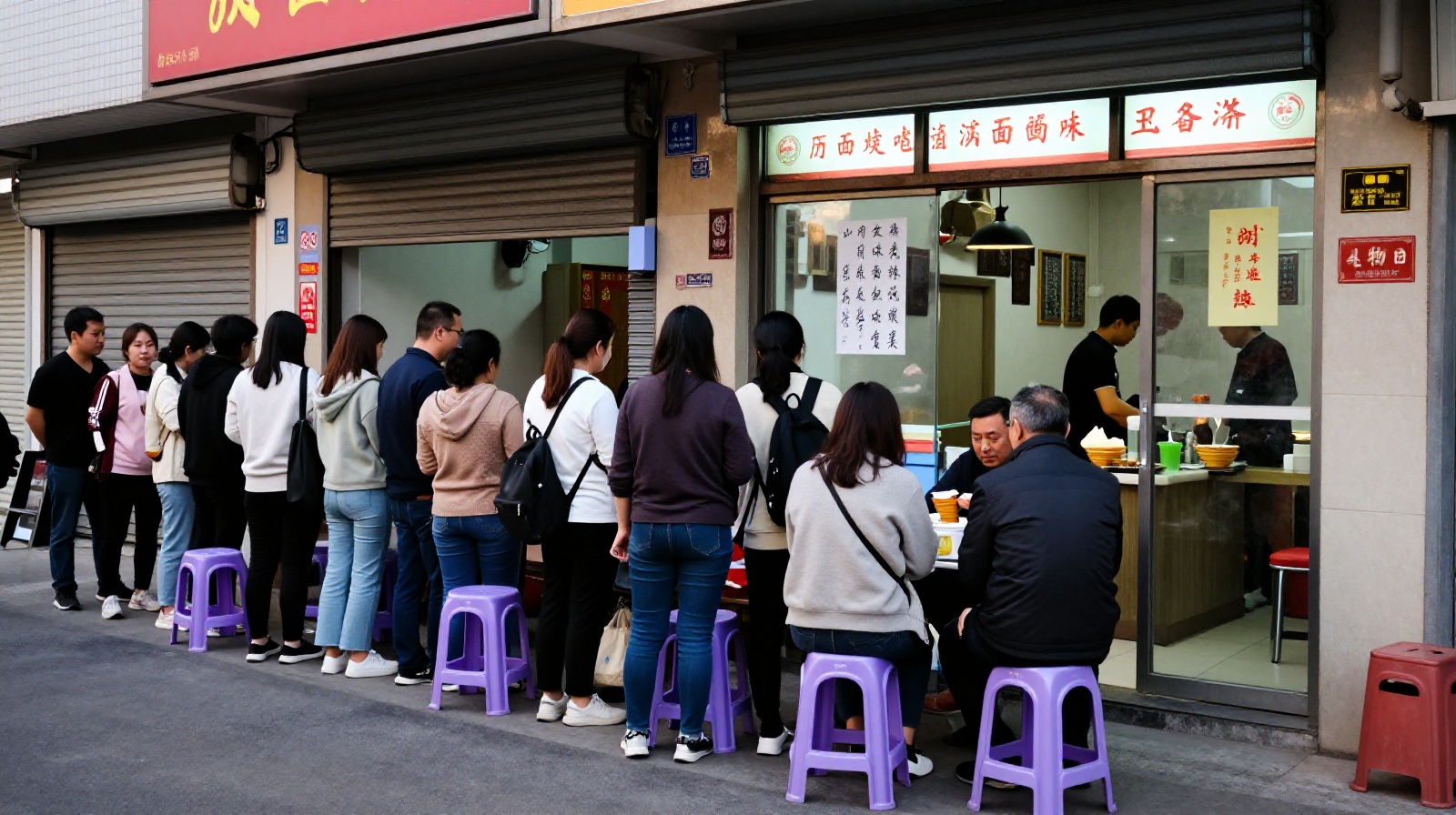 Local residents lining up outside an unmarked neighborhood noodle shop in China at dusk