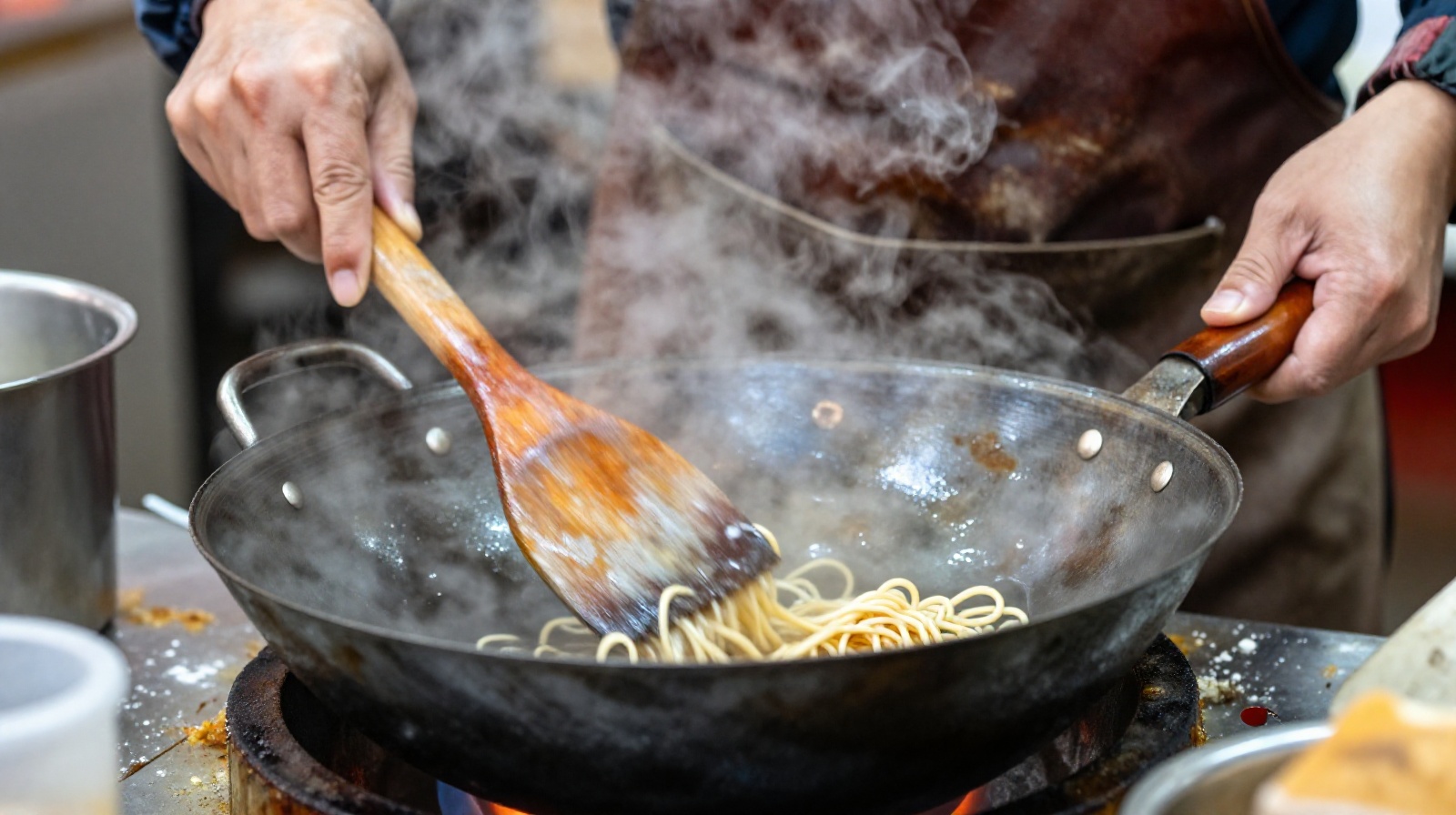 A street vendor skillfully tossing noodles in a large wok at a busy Chinese neighborhood stall