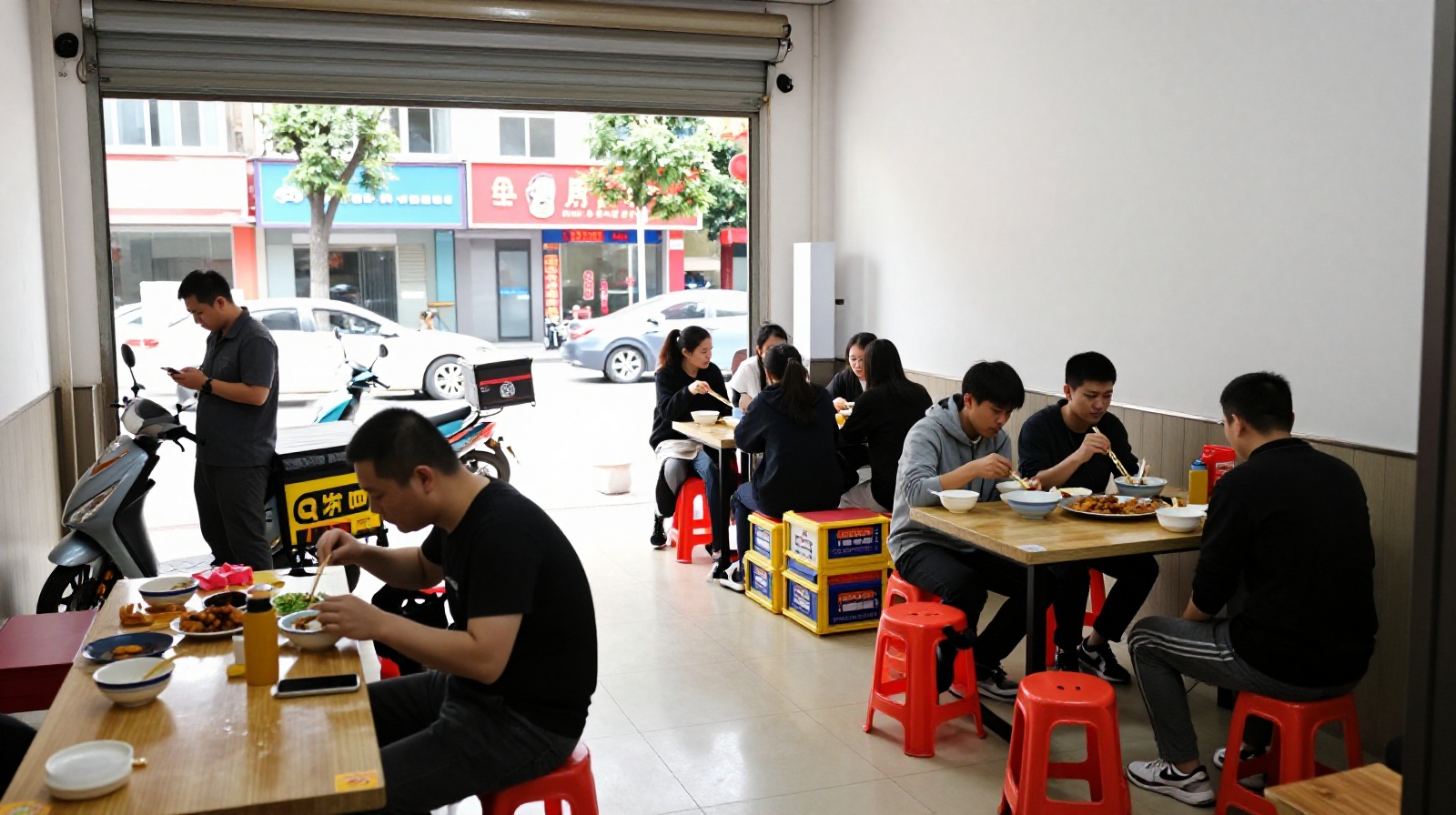 Customers and delivery workers sharing space inside a low-cost neighborhood restaurant in China