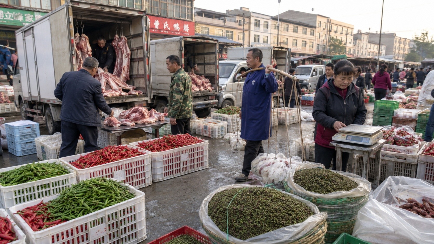 Morning supply delivery at a Chinese local wet market for street food vendors