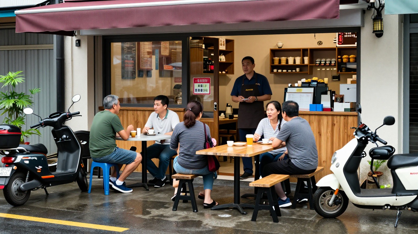 Local patrons and a shop owner interacting outside a long-standing neighborhood eatery in China