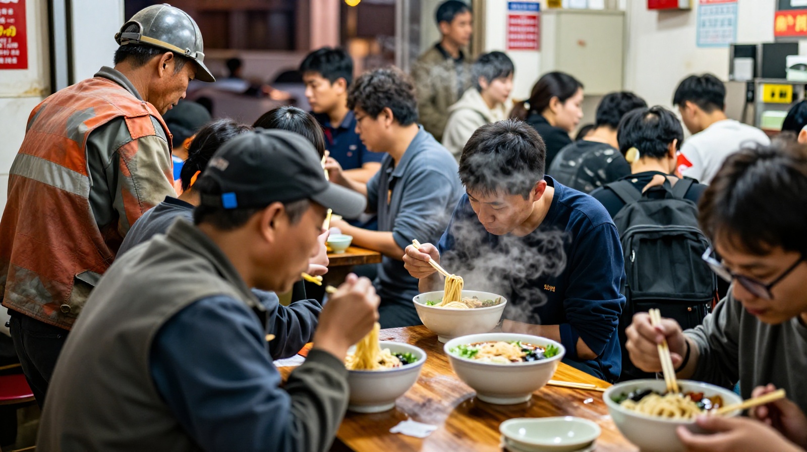 Customers eating beef noodles in a small, crowded restaurant in Shenzhen, China, showing a mix of local workers and migrants.