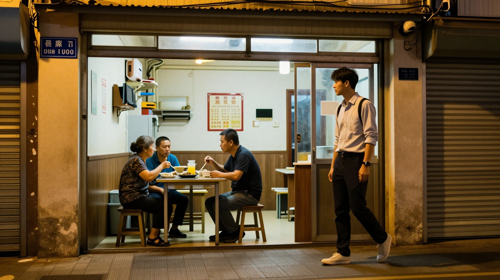 An urban alleyway in China at night, with a small restaurant acting as a social hub for locals and migrants.