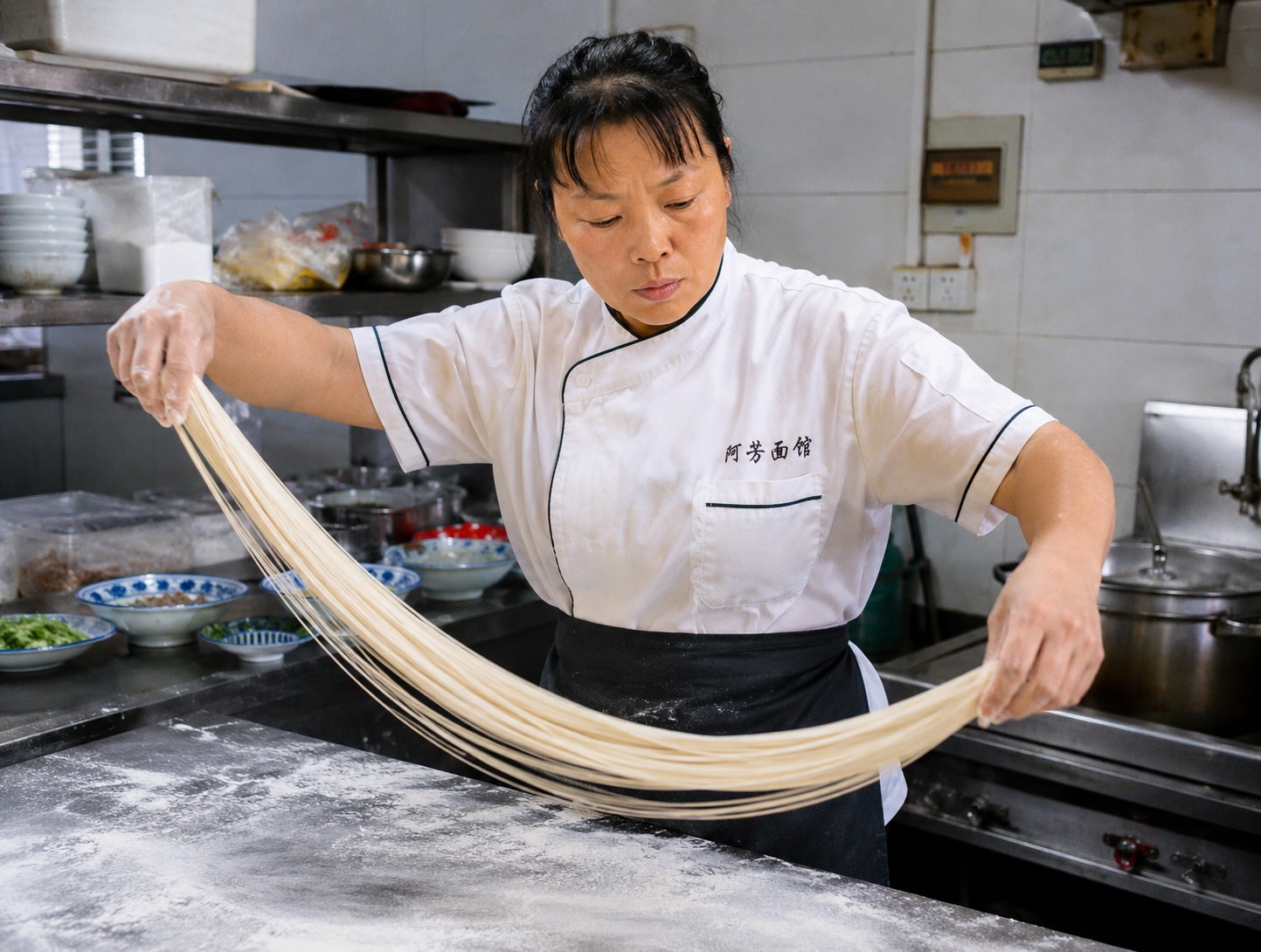 A chef hand-pulling noodles in a small urban eatery, demonstrating traditional culinary skills adapted for city life.