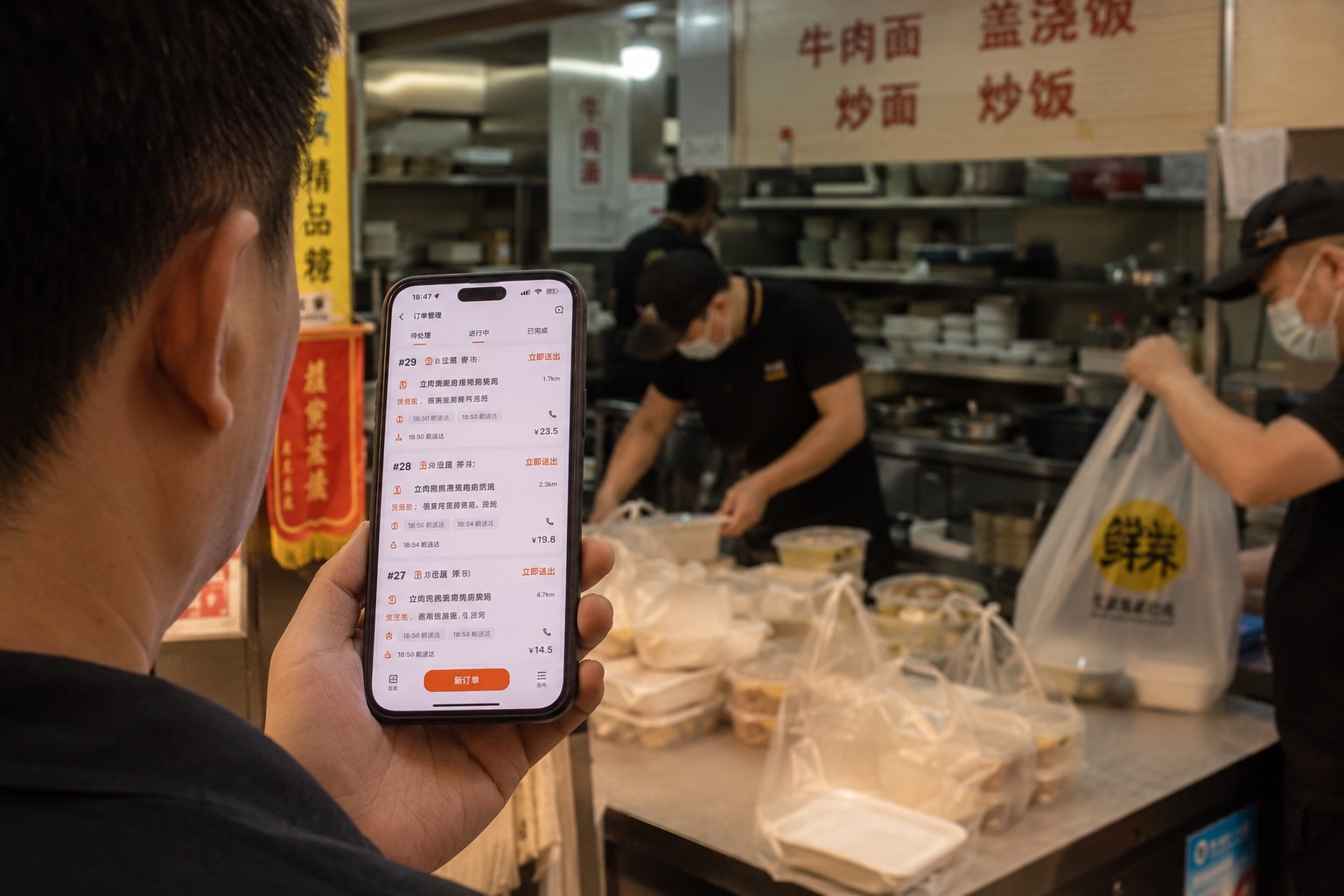 A delivery driver picking up orders from a small migrant-run restaurant, highlighting the role of technology in urban food distribution.