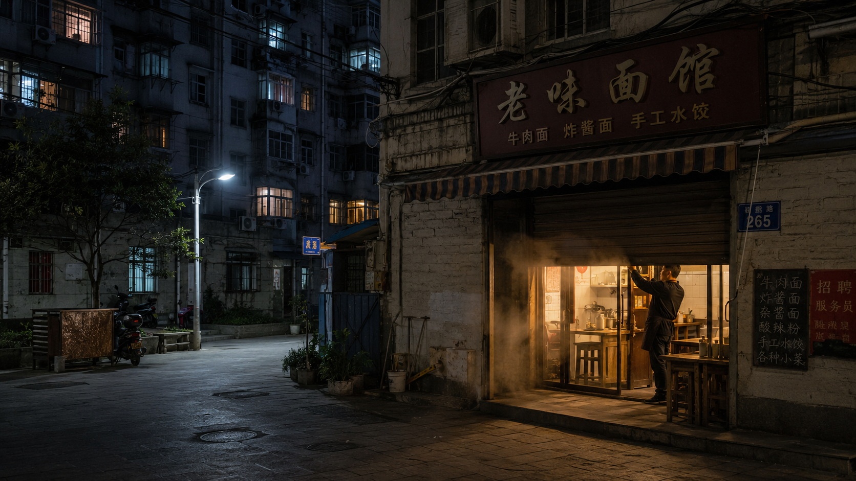 A quiet alleyway in Shenzhen at night after a busy day at a migrant-run restaurant, symbolizing the end of a day's labor.