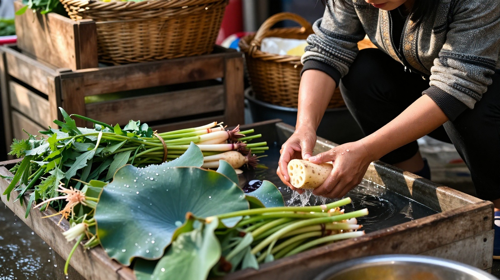 Young urban Chinese shopper selecting fresh vegetables at a traditional weekend market before home cooking.
