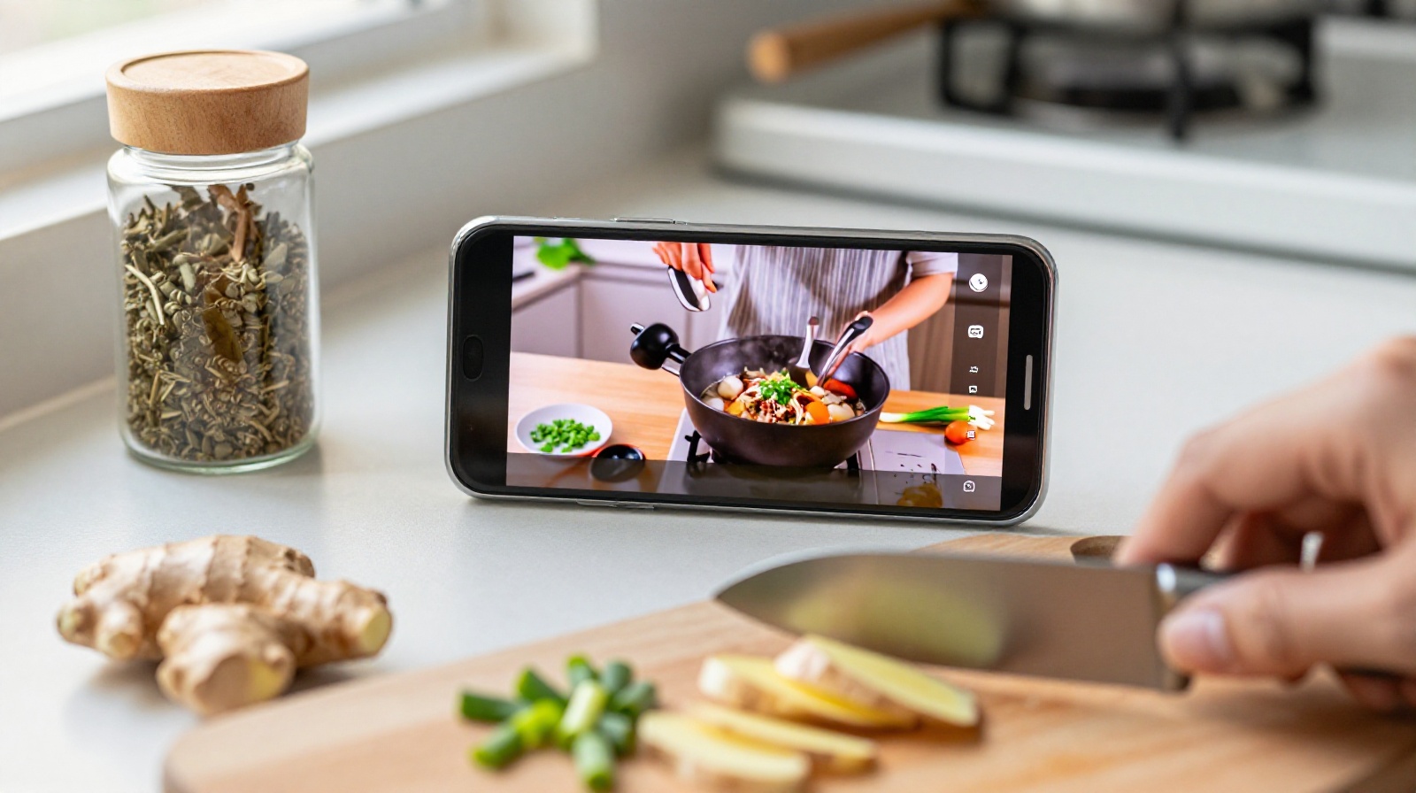 Smartphone showing an online cooking tutorial while a young person prepares aromatics for a weekend recipe.