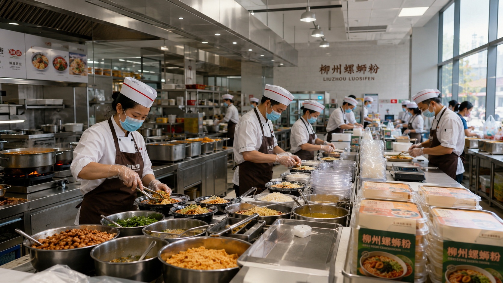 Chefs in a modern Chinese kitchen preparing Luosifen (river snail rice noodles) for delivery, showcasing the industrialization of regional cuisine.