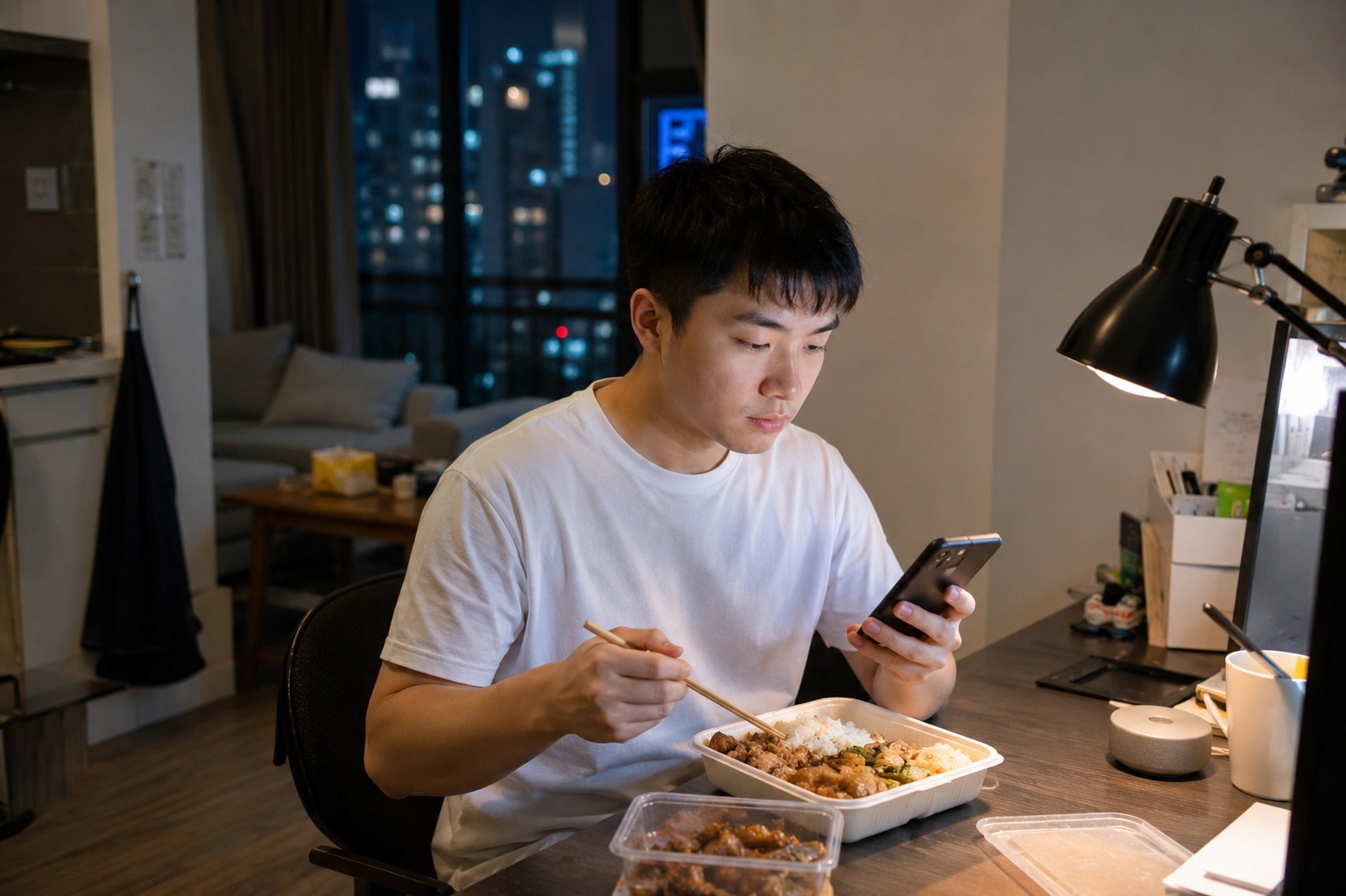 A young professional eating takeout food alone in his apartment, illustrating the 'lone diner' phenomenon in modern Chinese urban life.