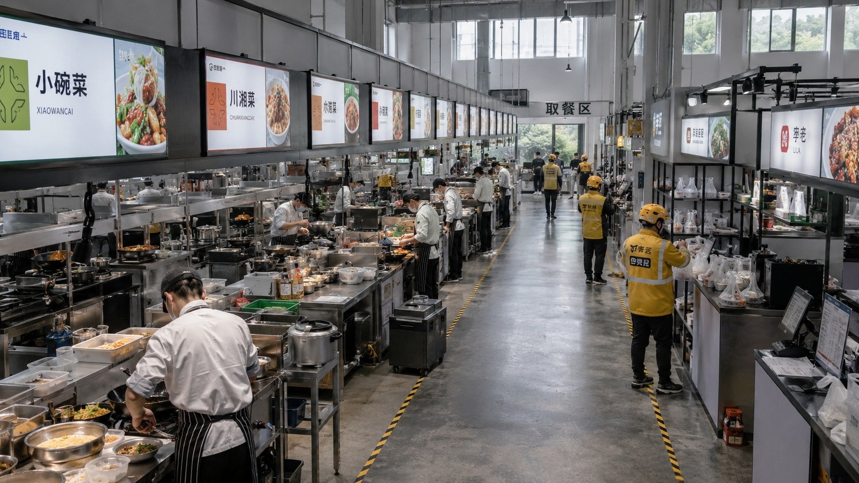 An interior view of a cloud kitchen facility in China, where multiple restaurants operate without dining areas to optimize for delivery.