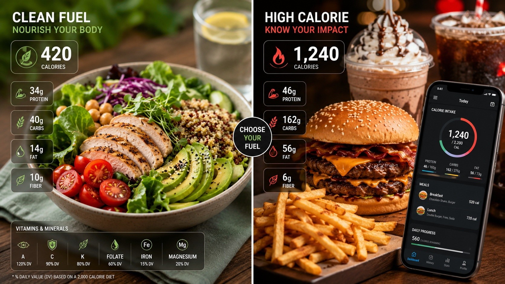 A comparison of healthy and unhealthy meal options on a food delivery app, with nutritional data overlays illustrating data-driven dietary choices.