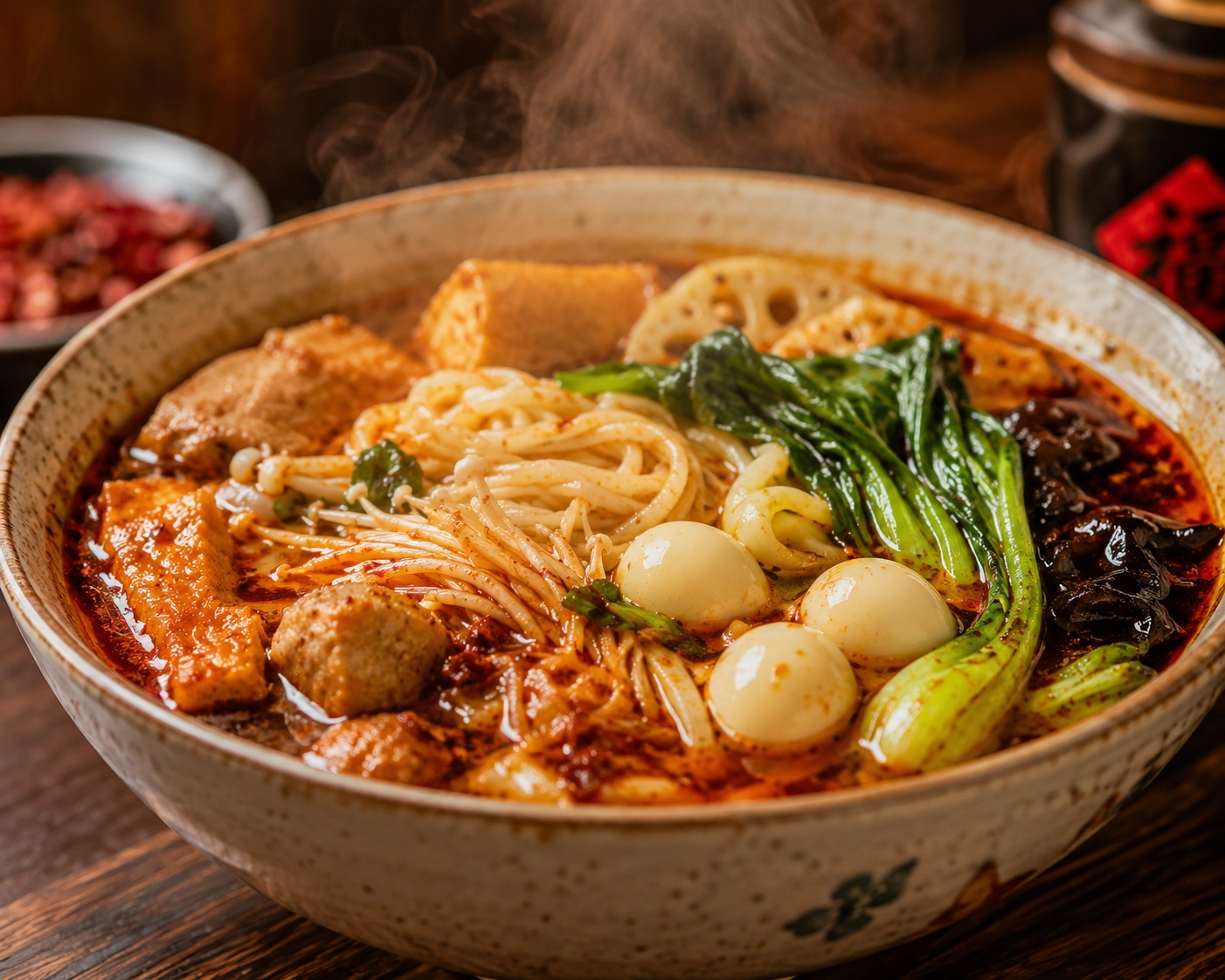 A close-up of a finished bowl of spicy hot pot (Mala Tang) with diverse toppings.