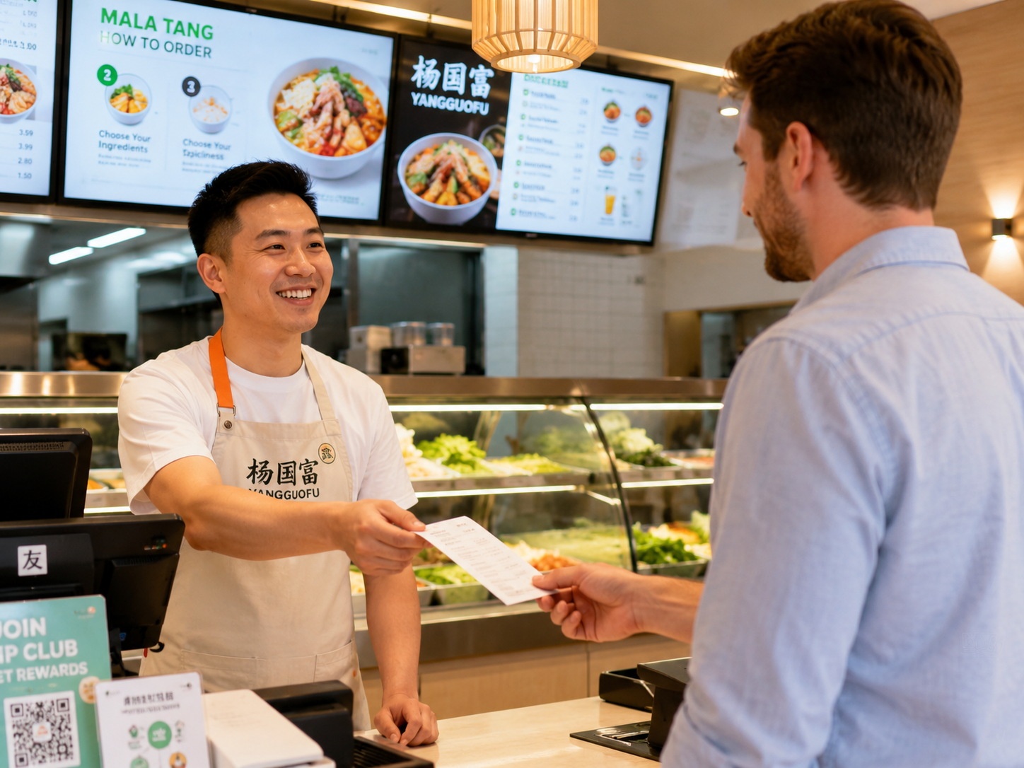 A franchise owner serving a customer at a Chinese hot pot chain in a Western city.