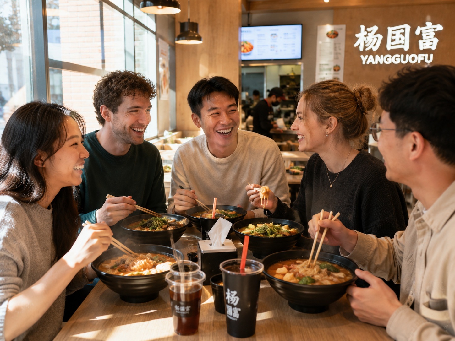 Friends of different backgrounds enjoying a meal together at a Chinese fast-casual restaurant.