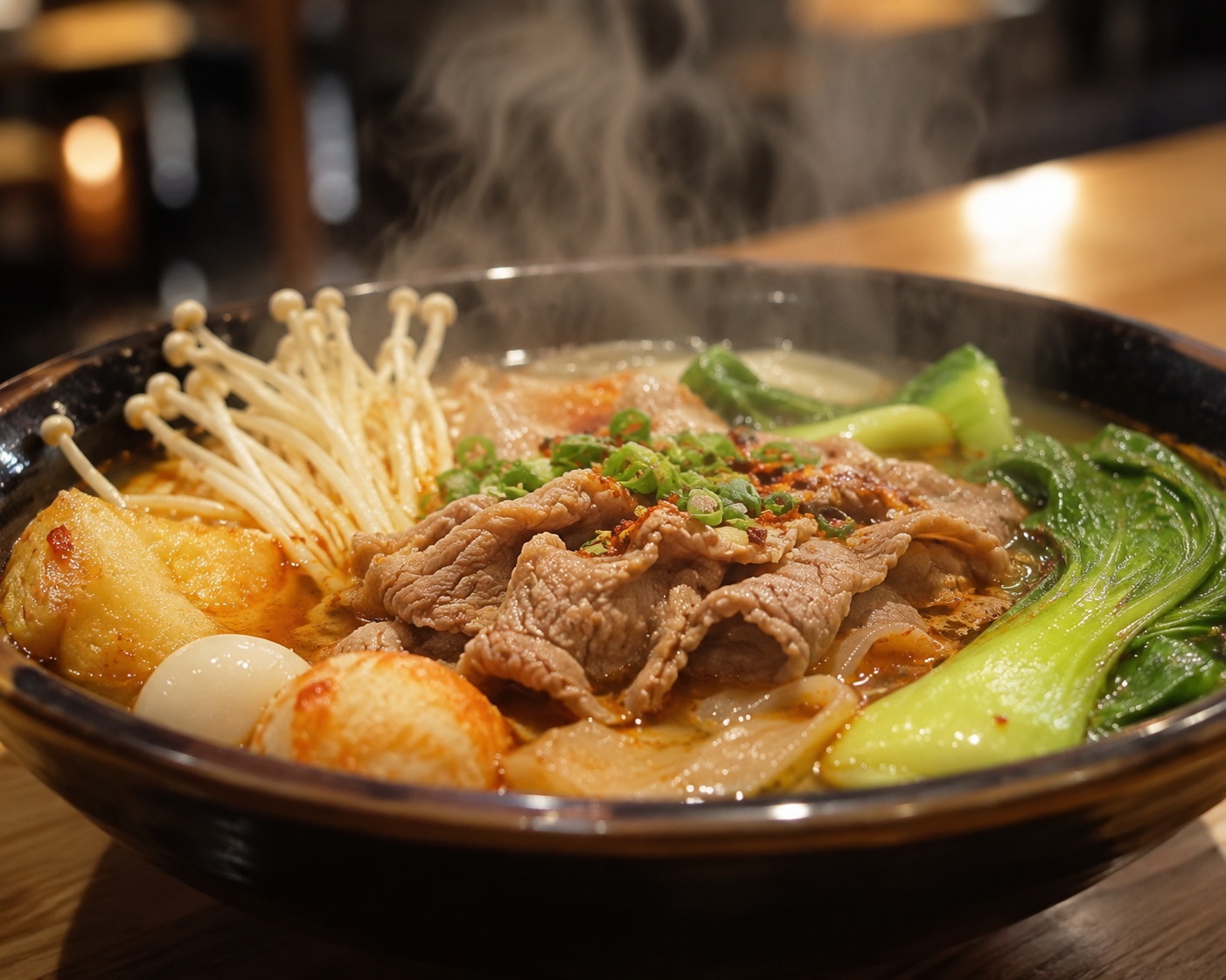 A steaming bowl of Malatang with fresh vegetables and meat, highlighting the fresh ingredients and appetizing presentation.