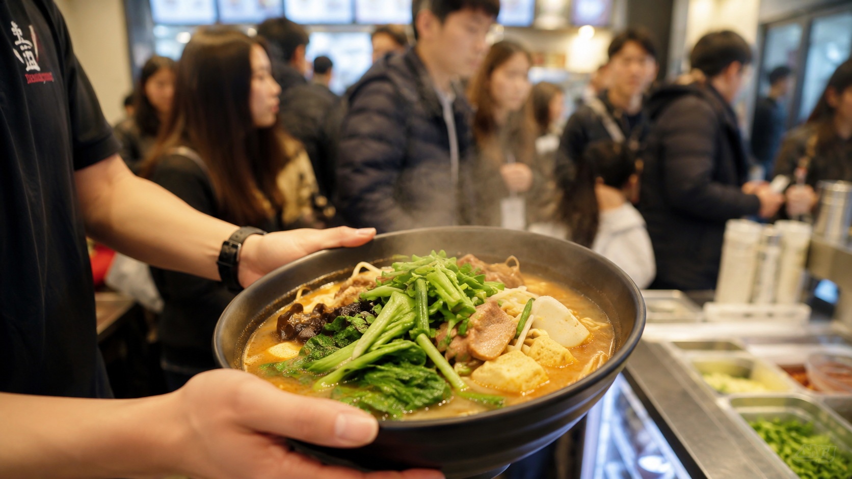 A steaming bowl of spicy hot pot (Malatang) with various vegetables and meat, served in a busy modern restaurant with customers in the background.