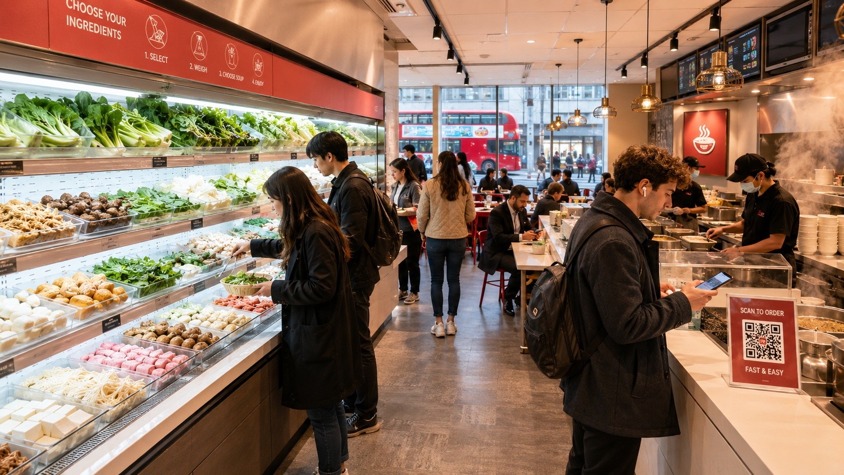 Customers scanning QR codes to order food at a modern Malatang chain restaurant, highlighting the tech-enabled dining experience in China and abroad.
