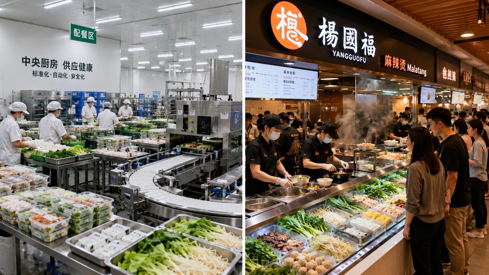 Behind-the-scenes view of a centralized kitchen supporting a Malatang chain, demonstrating the supply chain efficiency that enables global expansion.
