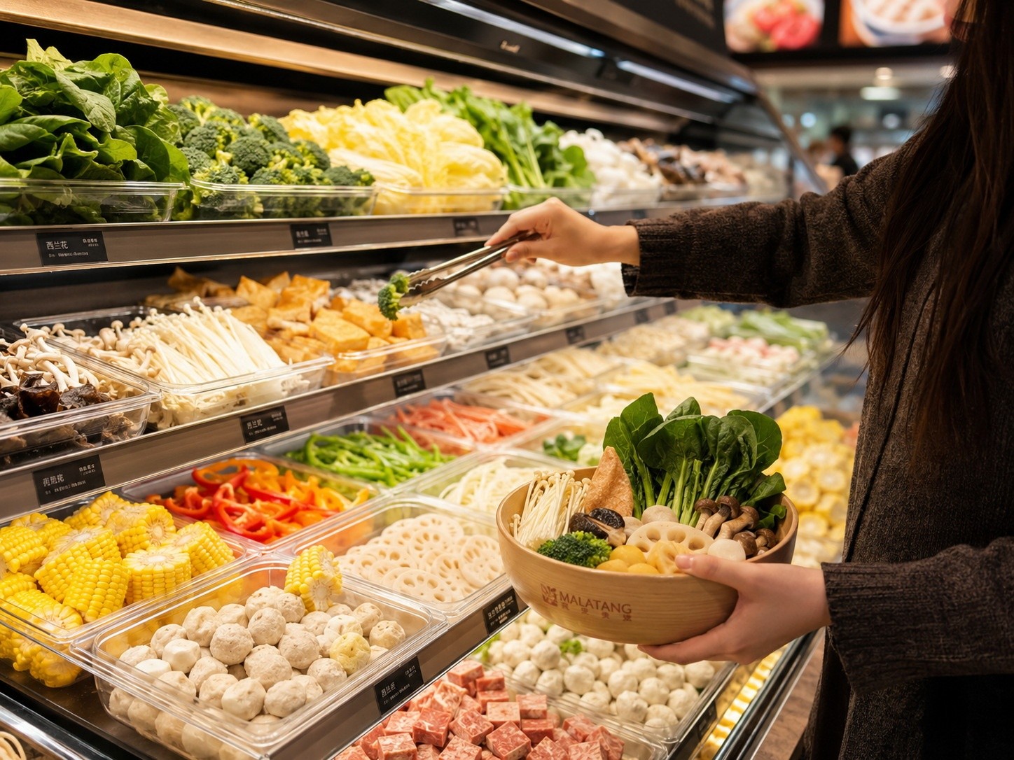 A customer selecting fresh ingredients for their Malatang bowl, showing the blend of local and traditional options available in global chains.