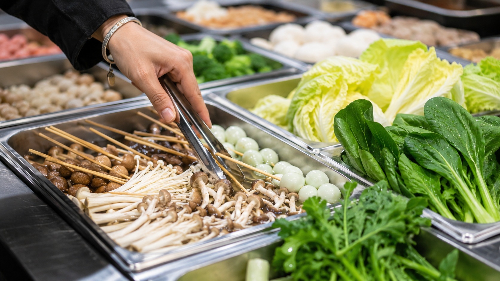 A customer choosing fresh ingredients like mushrooms and greens from a display case at a Malatang restaurant.