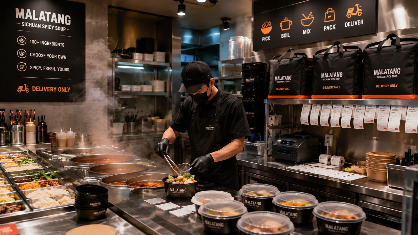 A compact and efficient Malatang ghost kitchen setup in a city center, focusing on speed and minimal space.