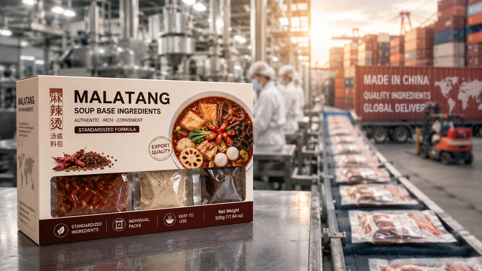Packaged Malatang soup base ingredients representing the standardized supply chain that supports global expansion.