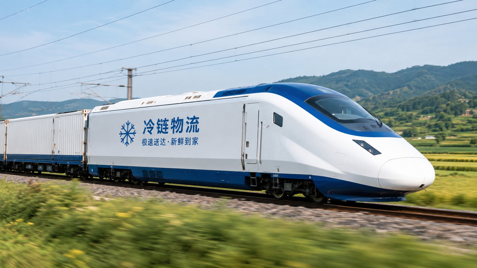 A modern high-speed freight train used for cold-chain logistics transporting agricultural products through the Chinese countryside