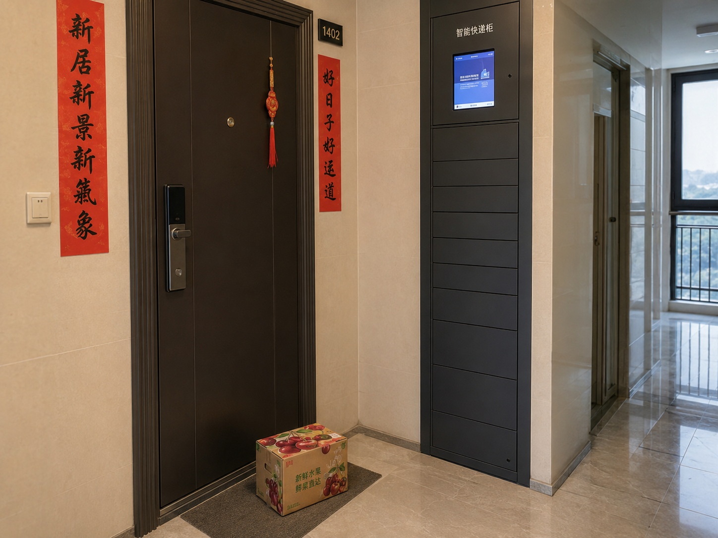 A fresh produce package delivered to a modern urban apartment doorstep in China, showing the end of the cold-chain logistics journey