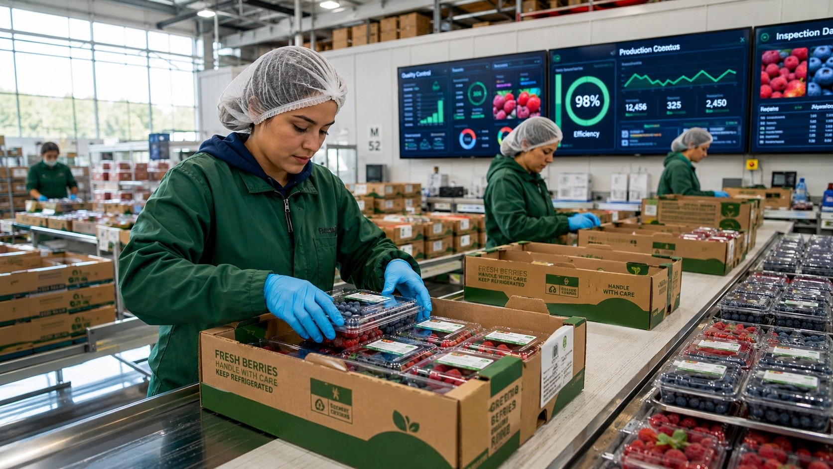 Workers packing fresh berries in a modern agricultural facility, demonstrating the professionalization of China's rural e-commerce sector