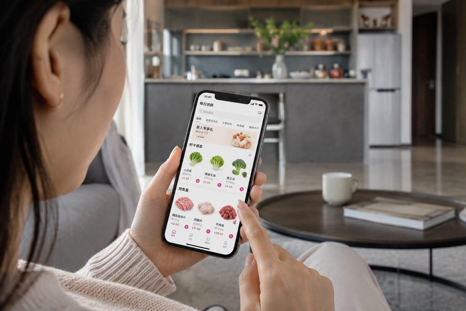 A young Chinese resident using a mobile app to order fresh groceries for delivery, illustrating the convenience of digital grocery shopping in China.