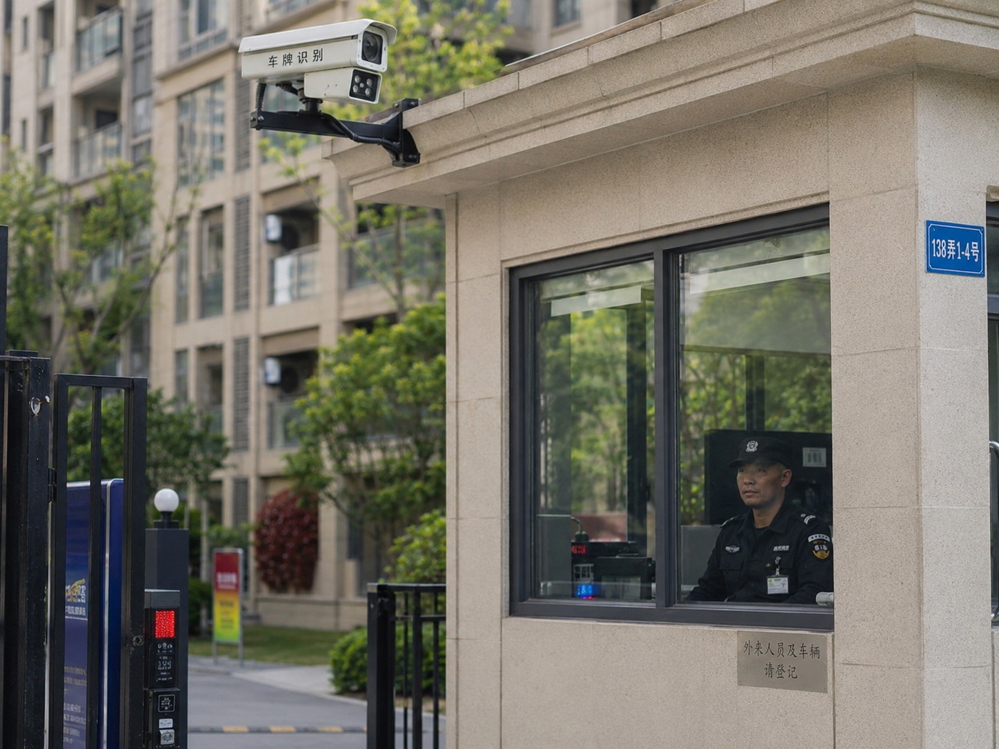 Security guard at the entrance of a Chinese gated community xiaoqu, with a license plate recognition camera visible.