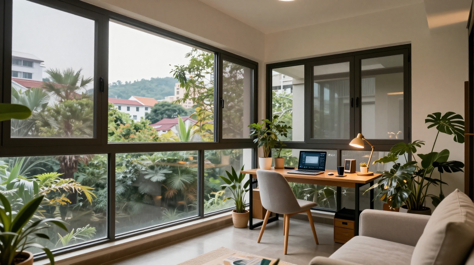 Interior of an enclosed balcony in a Chinese apartment, converted into a home office with plants and natural light