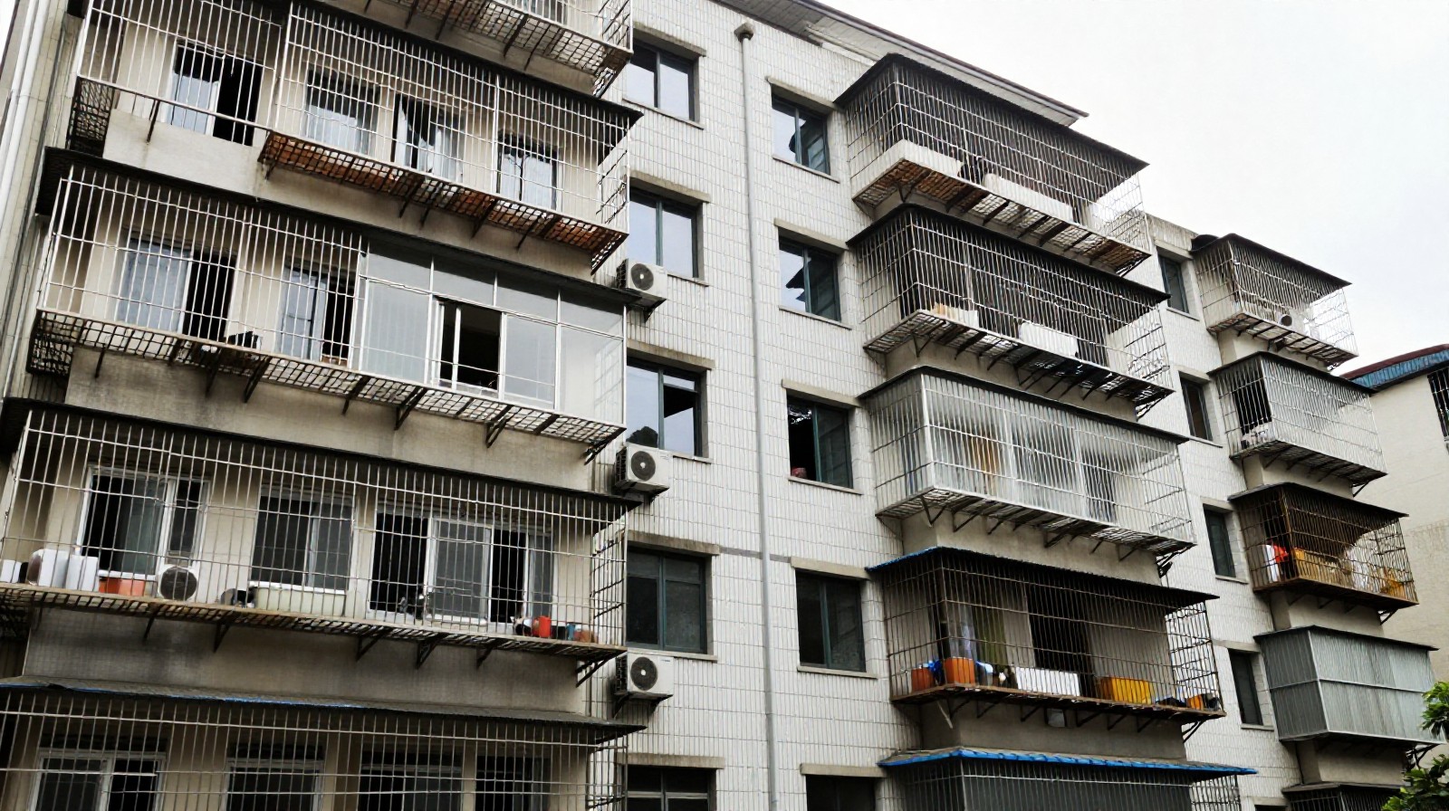 Mixed views of enclosed and open balconies on a Chinese apartment block, showing varying compliance with building codes