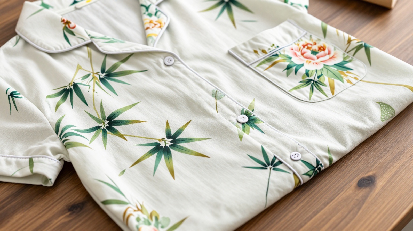 Traditional Chinese floral and bamboo patterned cotton pajamas, representing comfortable home wear culture.