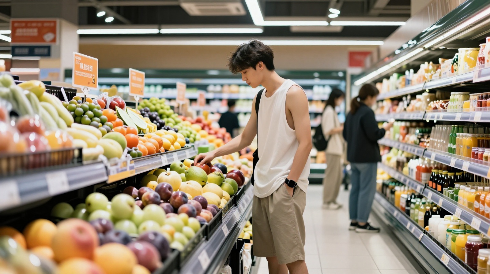 A young man in casual home wear shopping for fruit in a modern Chinese supermarket.