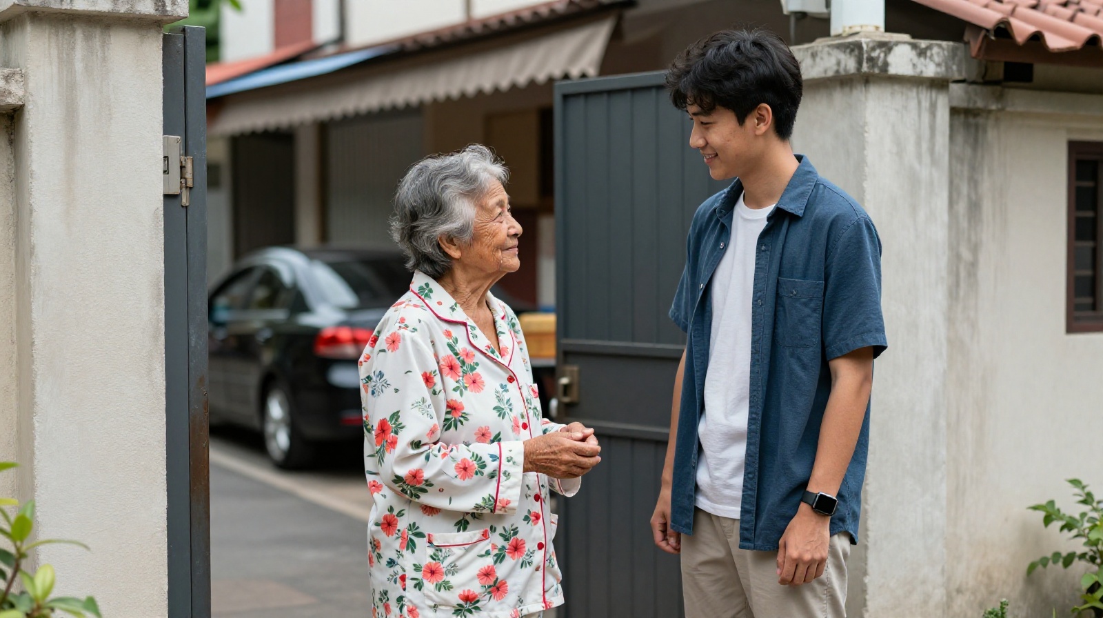 An elderly woman in pajamas chatting warmly with a neighbor in a Chinese residential community.
