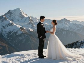 Extreme Wedding Photos: Posing in Tuxedos on Snowy Mountains