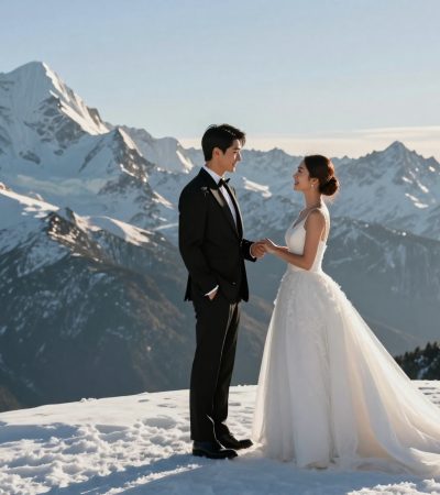 Extreme Wedding Photos: Posing in Tuxedos on Snowy Mountains