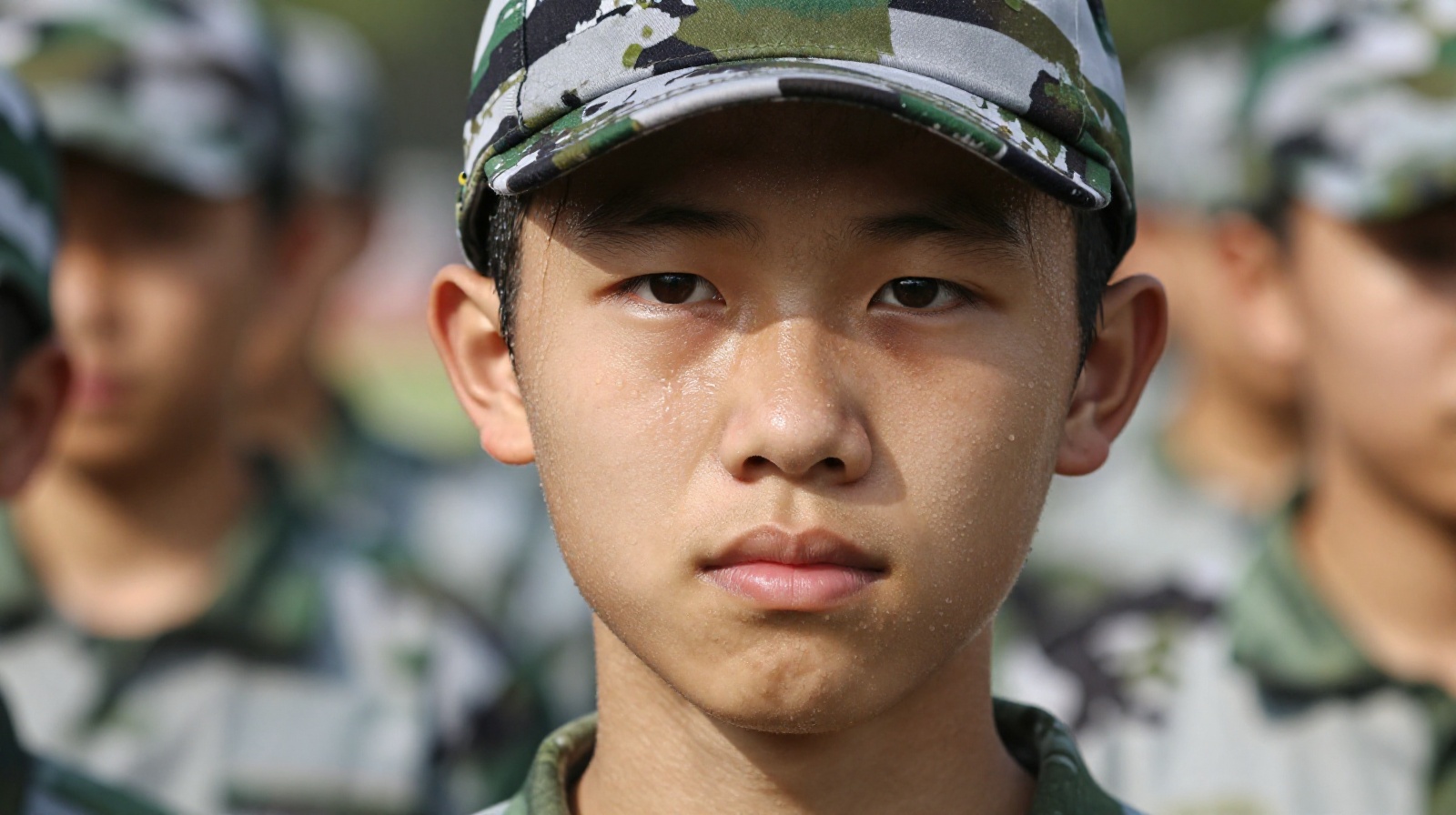Close-up of a tired Chinese university freshman wearing a camouflage cap and uniform during military training, sweat visible on their face under the bright sun.