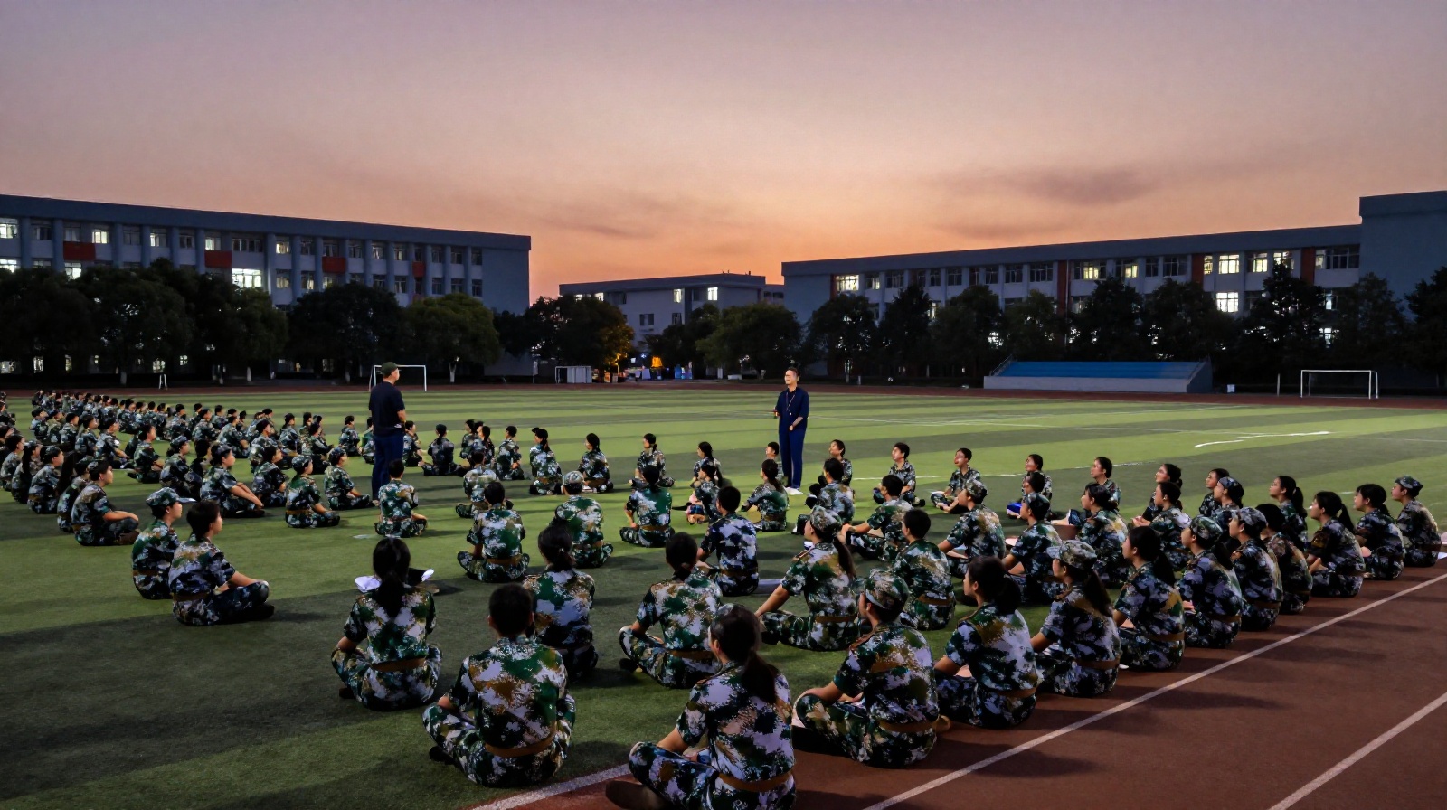 University students in camouflage uniforms sitting in formation on a sports field at dusk during evening military training activities.