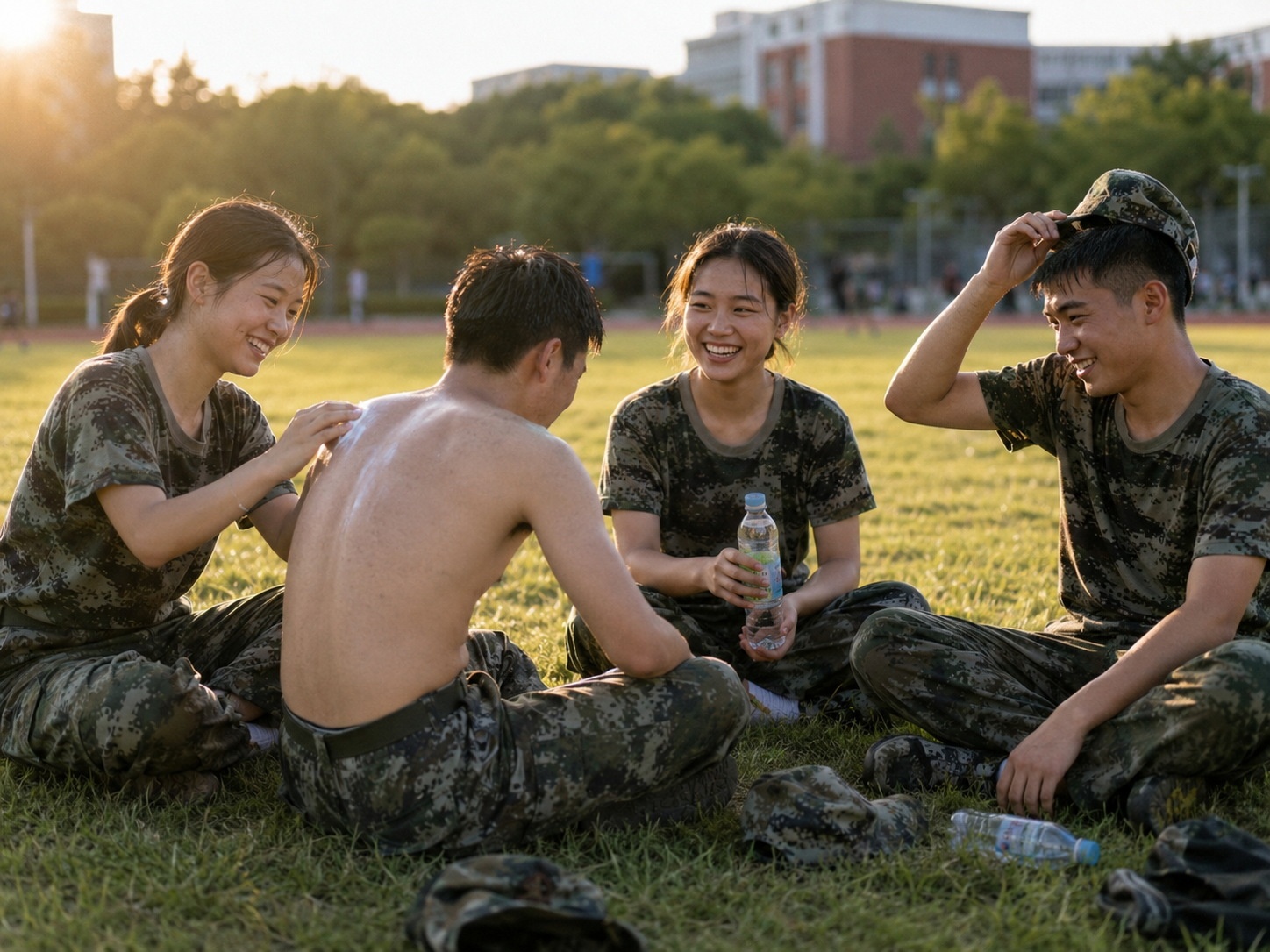 Chinese college freshmen in camouflage uniforms relaxing on the grass after military training, sharing water and laughing together.
