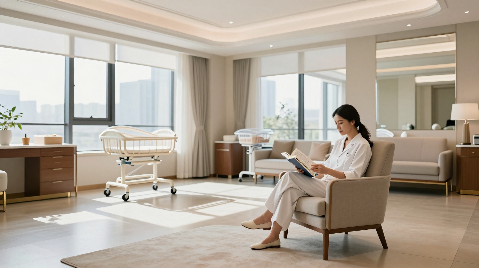 Interior view of a luxury postpartum care suite in China, showing a comfortable living area and modern baby nursery with soft lighting.