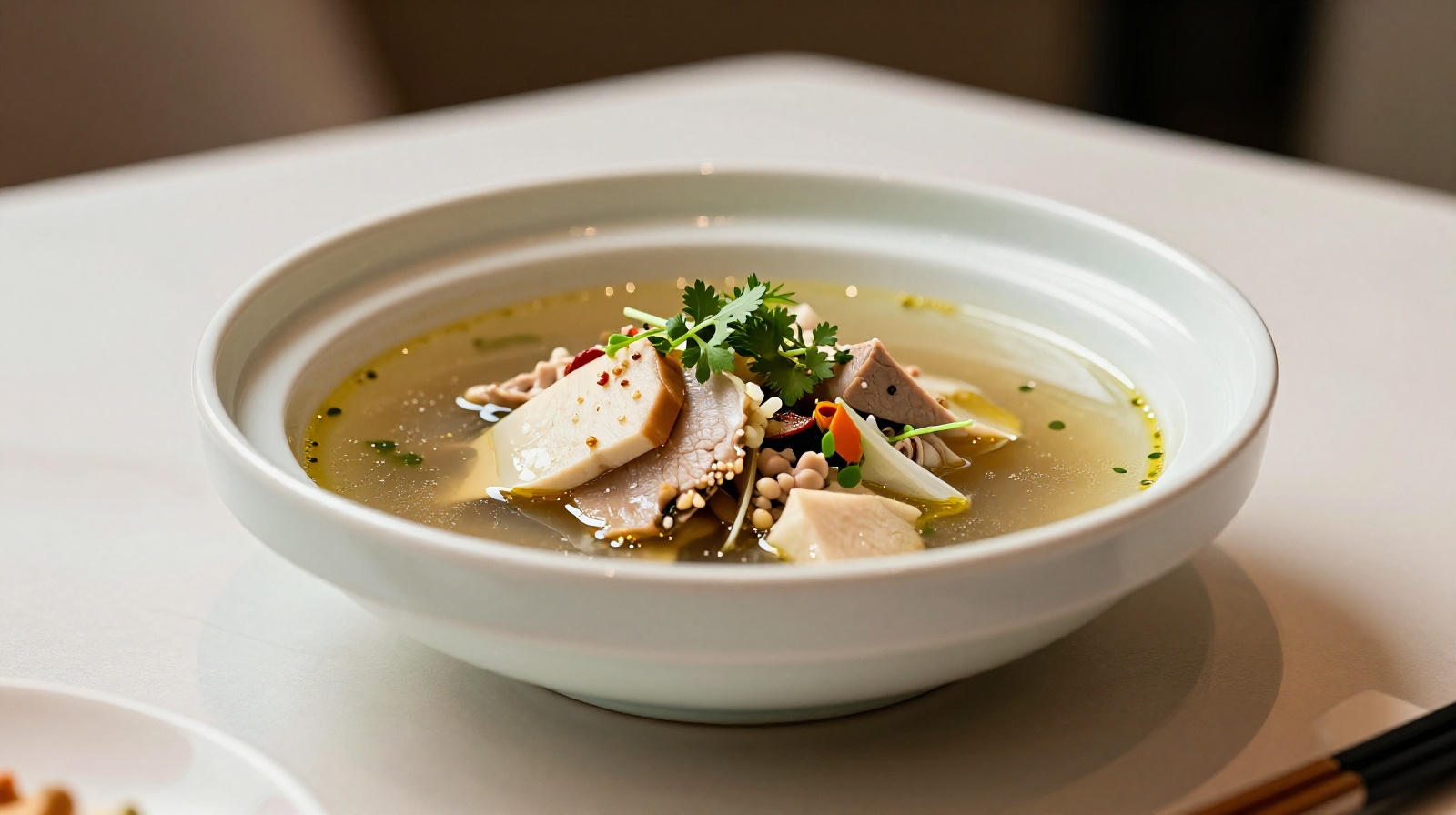 A gourmet, nutritionally balanced meal served at a luxury postpartum care center in China, featuring traditional nourishing soup.