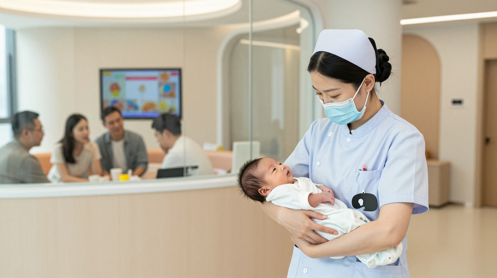 A professional nurse caring for a newborn in a modern Yuezi center nursery, with parents observing from a nearby area.