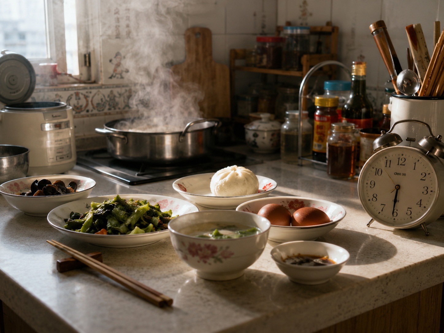 A steamy kitchen counter in a Chinese apartment early in the morning, showing signs of daily meal preparation.
