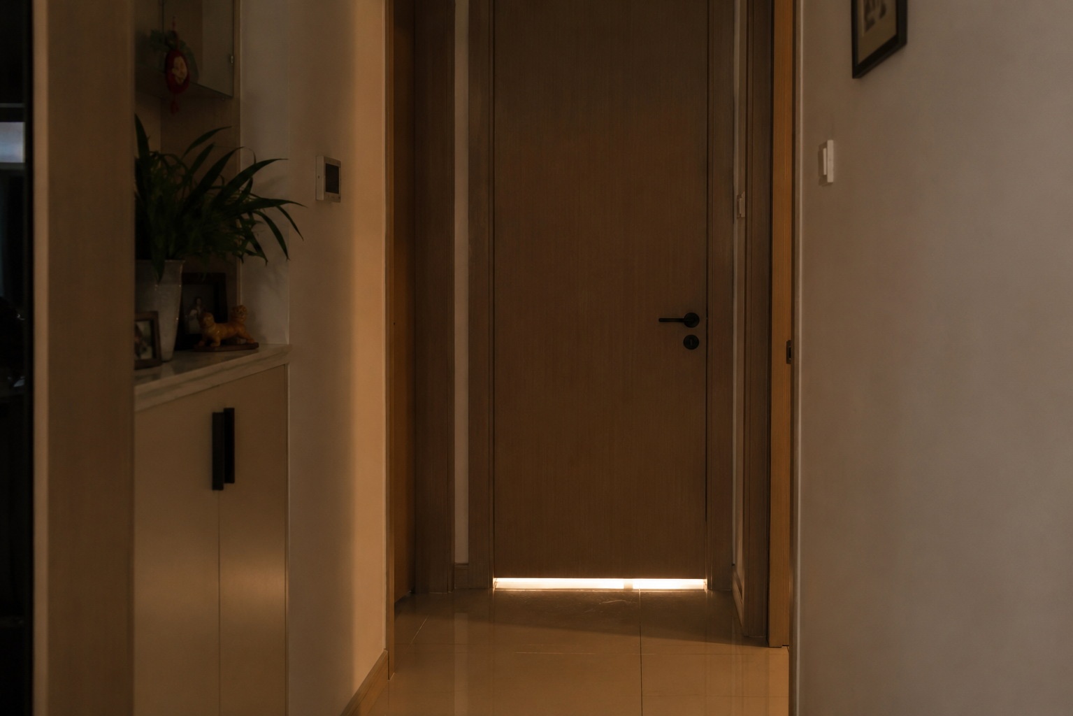 A closed bedroom door in a Chinese apartment hallway, symbolizing privacy and personal boundaries.