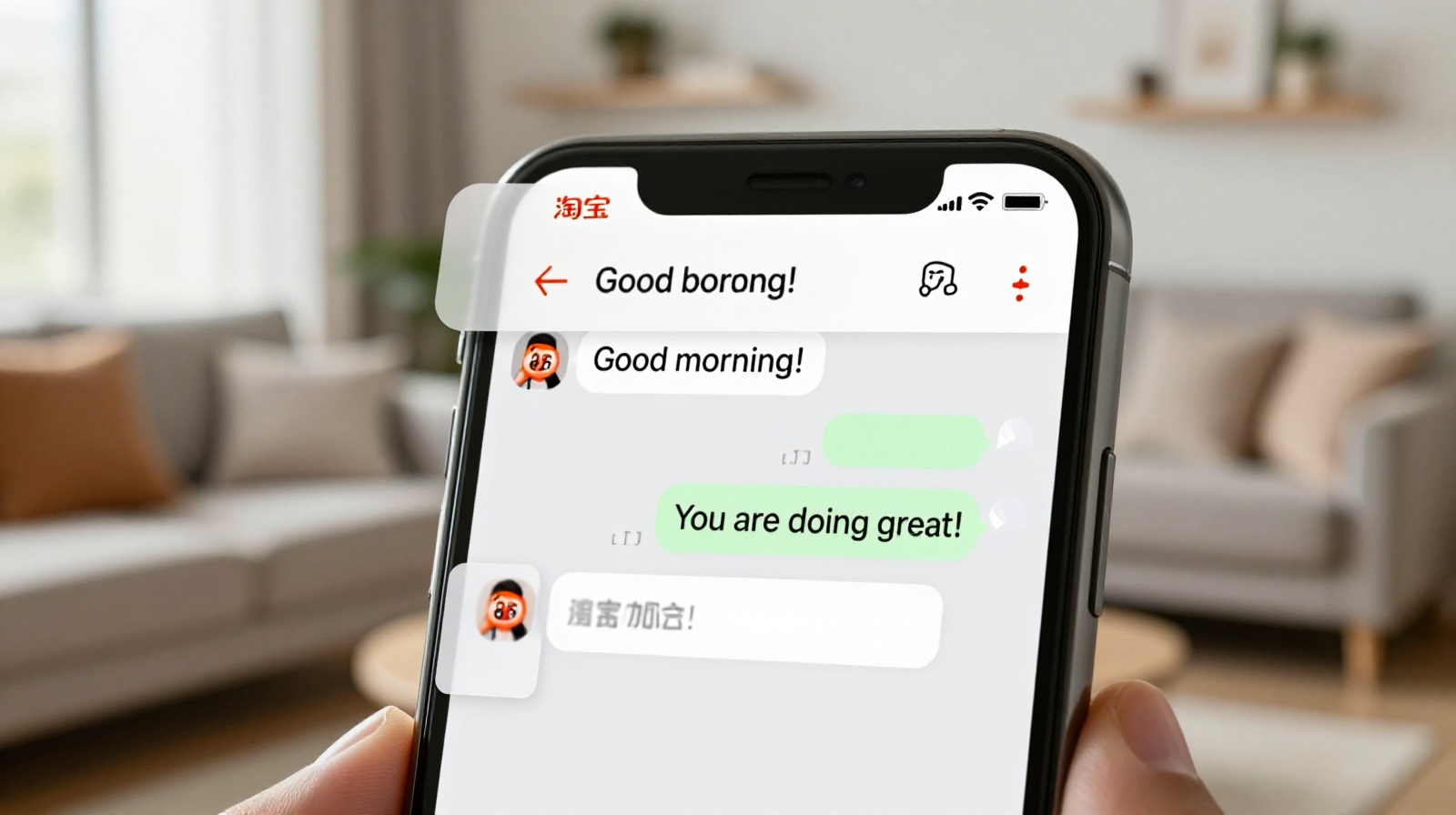 Close-up of a smartphone screen showing Taobao chat messages from a 'cyber-friend' providing morning encouragement.