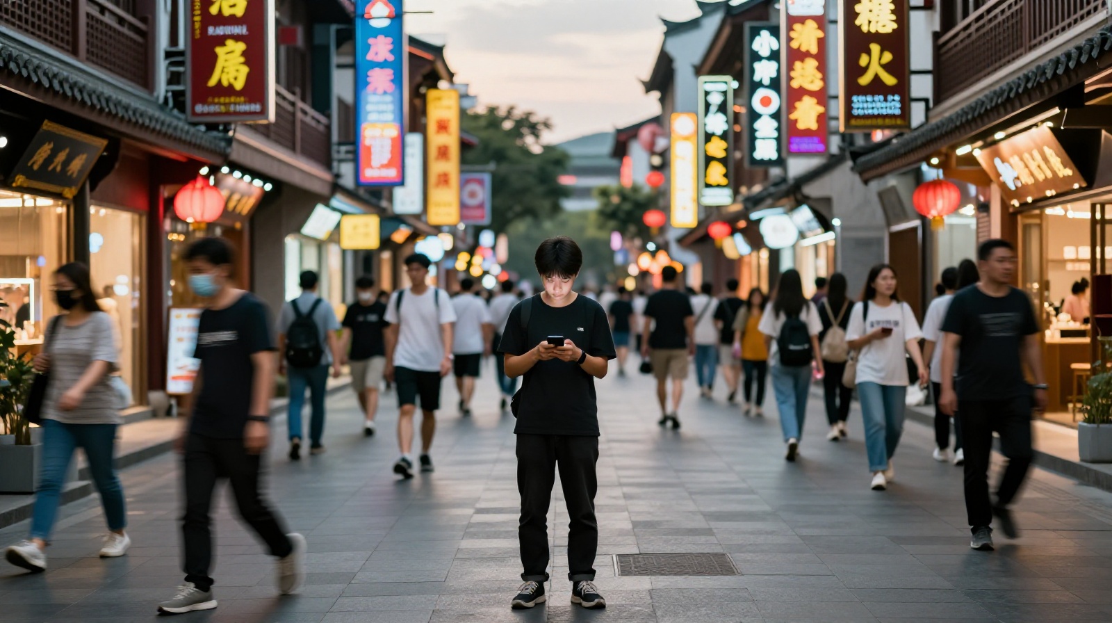 A young person standing alone on a busy Chinese street at dusk, looking at their smartphone amidst a crowd.